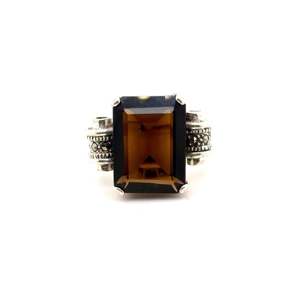 Vintage Sterling Silver Smoky Quartz Marcasite Cocktail Ring Size 7 Emerald Cut
